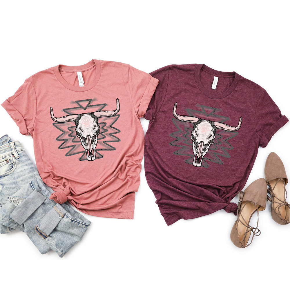 Boho Cow Skull Shirt, Wild west Shirt, Western Graphic Cowgirl Shirt, Aztec Bull Skull Shirt, Southwest Shirt, Western Gift, Rodeo Shirt - 3.jpg