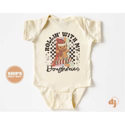 Christmas Baby Onesie - Rollin with my Doughmies Christmas Bodysuit - Retro Holiday Natural Onesie 5448