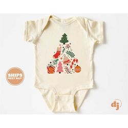 Christmas Baby Onesie - Christmas Tree Christmas Bodysuit - Retro Holiday Natural Onesie 5445