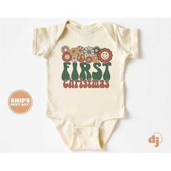 christmas baby onesie - first christmas flowers christmas bodysuit - retro holiday natural onesie 5442