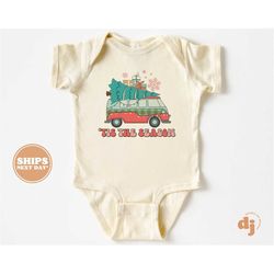christmas baby onesie - tis the season present van christmas bodysuit - retro holiday natural onesie 5438