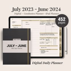 mid year digital planner for goodnotes, july 2023 - june 2024, daily, weekly, and monthly planner, minimalist academic