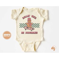 Christmas Baby Onesie - Rollin with my Doughmies Christmas Bodysuit - Retro Holiday Natural Onesie 5374