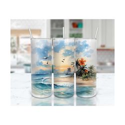 Beach Tumbler Wrap, Watercolor Sublimation Design, Tropical Sunset Tumbler, Floral Tumbler, Ocean Design, Instant Digita