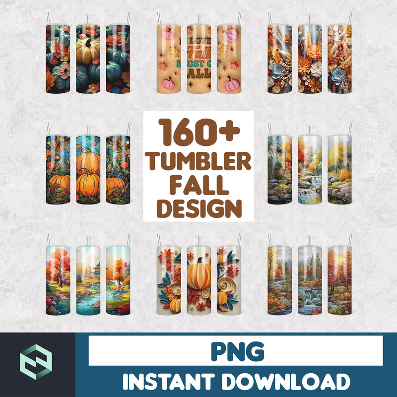 160+ Files Bundle 2D - 3D Fall Season Autumn Sublimation Tumbler Design Download PNG, 20 Oz Digital Tumbler Wrap PNG Download.png