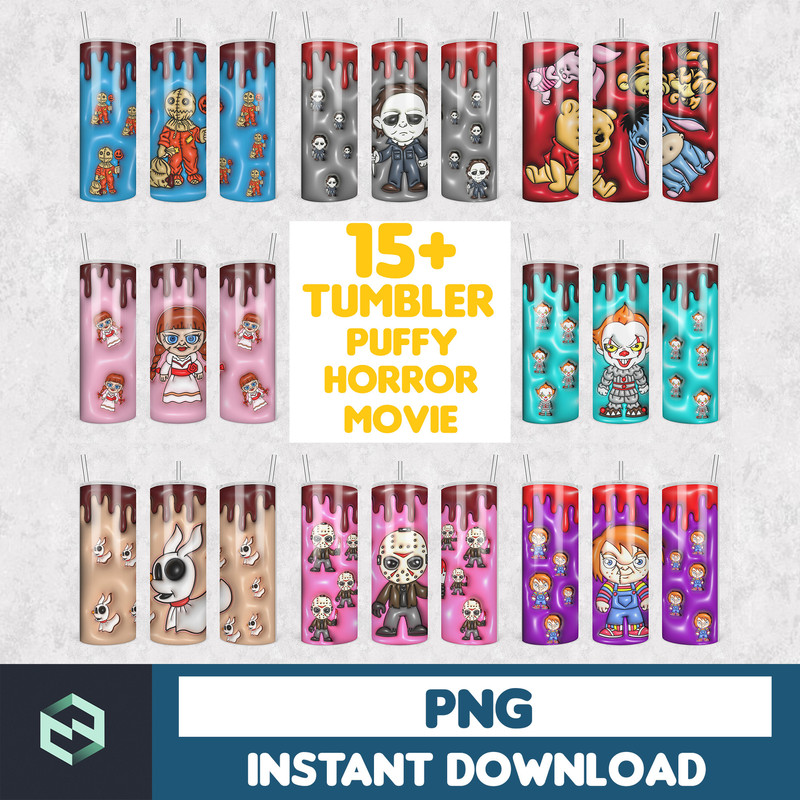 Bundle 17 Puffy Horror Movie Tumbler Sublimation Design Bundle, Hot Styles Horror Character 20 oz Tumbler Design Template PNG.jpg
