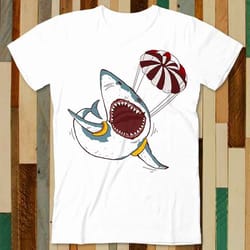 i love sharks gift funny shark flying with a parachute t shirt adult unisex men women retro design tee vintage top a4735