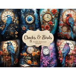Vintage Clocks Junk Journal Page | Birds Digital Art