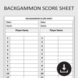 Printable Backgammon Score Tracker, Backgammon Game Scoring Sheet, Game Night Score Log, Backgammon Points Recorder