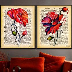 vintage abstract floral wall art on dictionary book page set of 2 art prints red poppy retro poster oversize canvas art