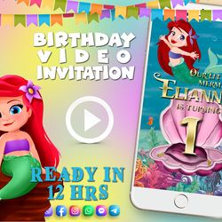 baby little mermaid birthday video invitation for baby girl, animated kid's birthday party invite