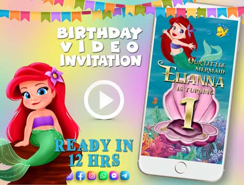 Baby Little Mermaid birthday video invitation for baby girl, animated kid's birthday party invite