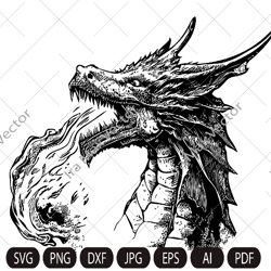 fire breathing dragon svg , fantasy dragon svg , mythical animal svg, dragon head svg, dragon detailed, dragon printable