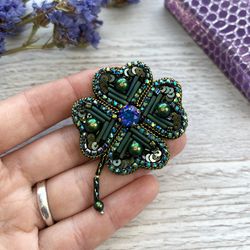 Clover brooch Clover crystal brooch Jewelry brooch with crystals Handmade brooch Beaded brooch  Brooch embroidered