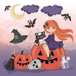 PUMPKIN HOLIDAY Girl Halloween Cartoon Vector Illustration Set