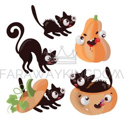 PUMPKIN KITTEN Halloween Animal Comic Vector Illustration Set