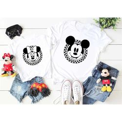 mickey and minnie checkered shirts, retro disney shirts, checkered minnie mouse shirt, checkered mickey ears minnie bow