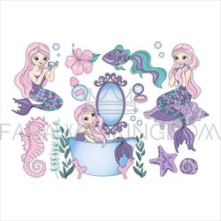 PURPLE MERMAID Underwater Princess Vector Illustration Set