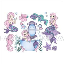 purple mermaid underwater princess vector illustration set