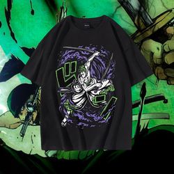 zoro grafiti poster printed t-shirt , king of the pirates t-shirt , pirate anime t-shirt , anime swordsman t-shirt