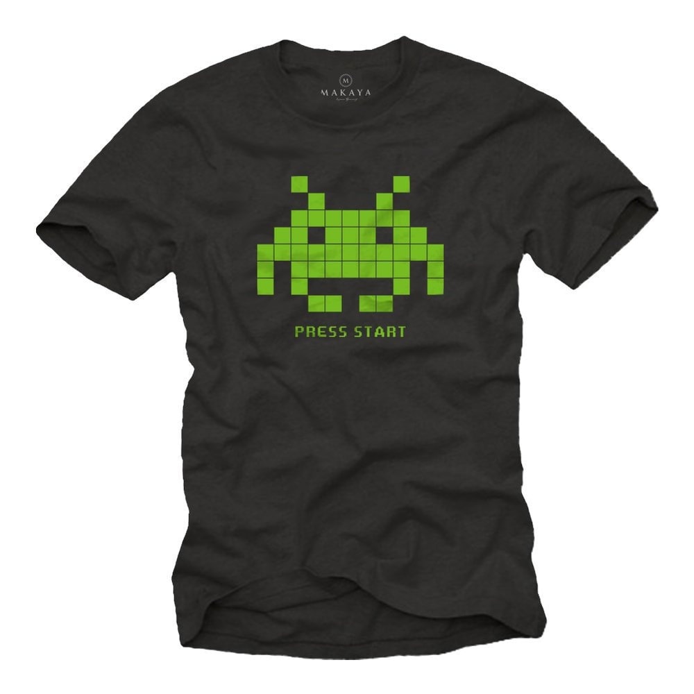 Mens Shirt Space Invaders for Gamers with green print, screenprint, retro, black, S-XXXXXL - 1.jpg