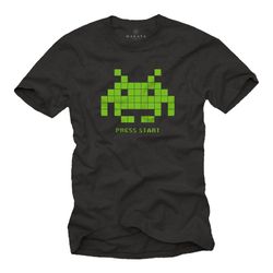 mens shirt space invaders for gamers with green print, screenprint, retro, black, s-xxxxxl