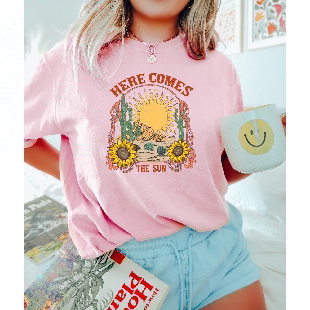 Here Comes The Sun Tee, Retro Style Tshirt, Unisex Hippie Tshirt, Vintage Inspired Cotton Shirt, Retro Comfort Shirt, Gift For Her, Cool Tee - 2.jpg