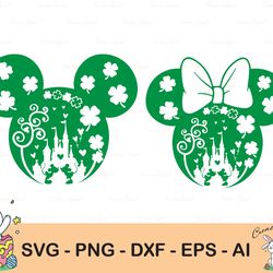 st. patrick's day, clover, disney castle, mickey minnie mouse head ears, digital file svg,dxf,eps,png,