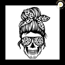 woman skull messy bun mom life leopard svg silhouette