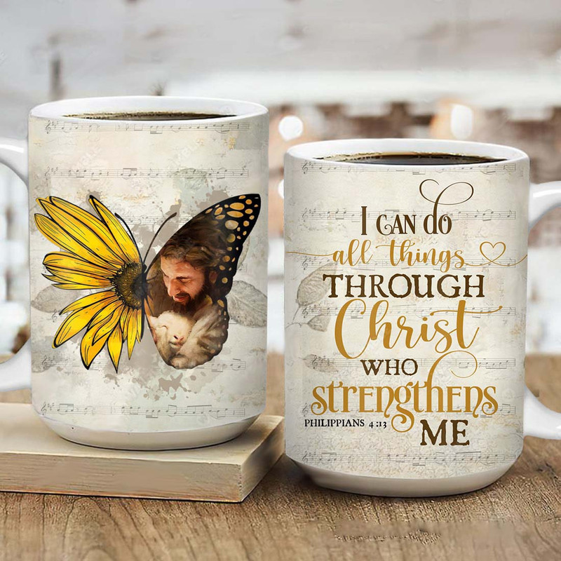 Sunflower, Yellow butterfly, Jesus and the lamb, I can do all things through Christ who strengthens me - Jesus AOP Mug_6877.jpg