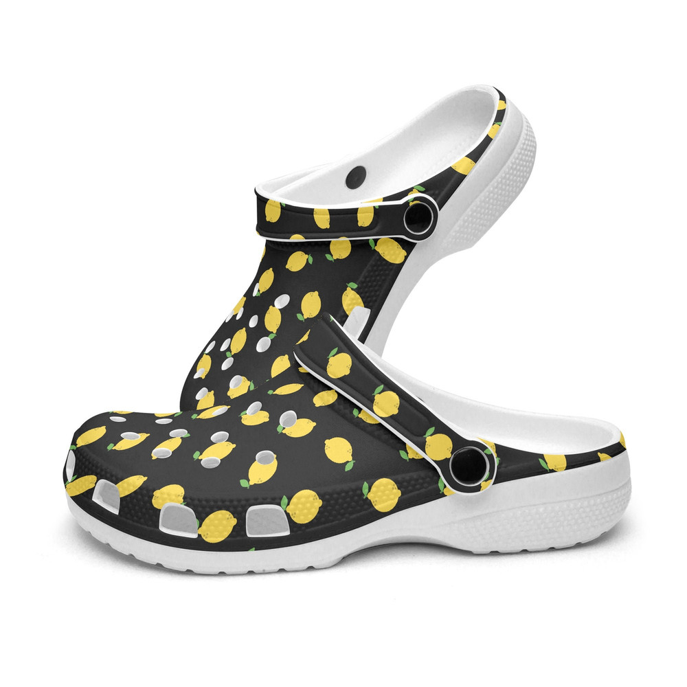 Unisex CrocClogs Fruit Salad Sweet Yellow Mellow Lemons on a black background Retro 1970s Groovy Hippie Cool Natural.jpg
