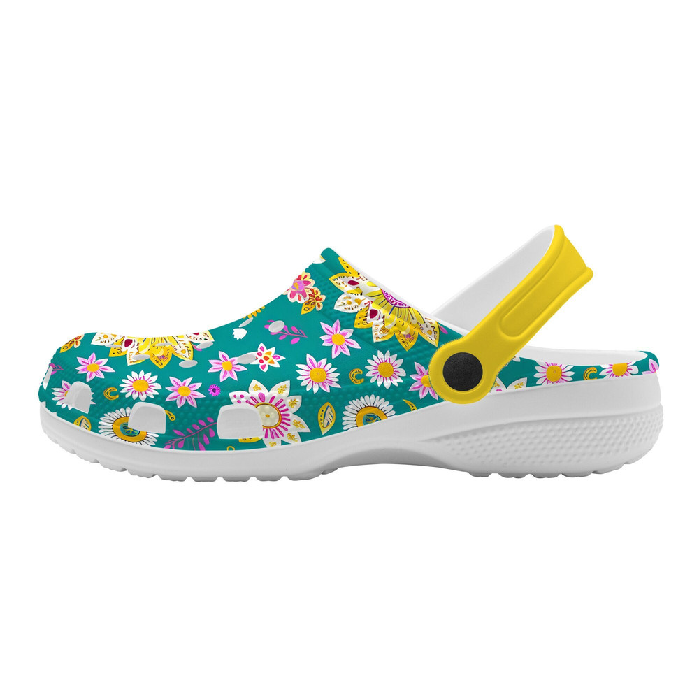 Clogs, Women's Crocs, Floral Boho Crocs, Boho Shoes, Girls Crocs, Teal, Yellow Flowers, Summer Shoes, Slip On Sandals,.jpg