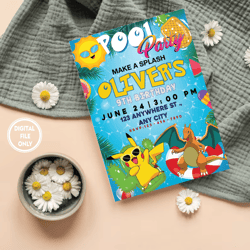 personalized file pokemone birthday invitation digital, pikachu party invite, summer pool party invitation png only