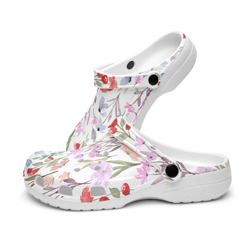 Unisex CrocClogs Floral Retro Country Floral Harvest Soft Pinks and Lavender with a Pop of Red.jpg
