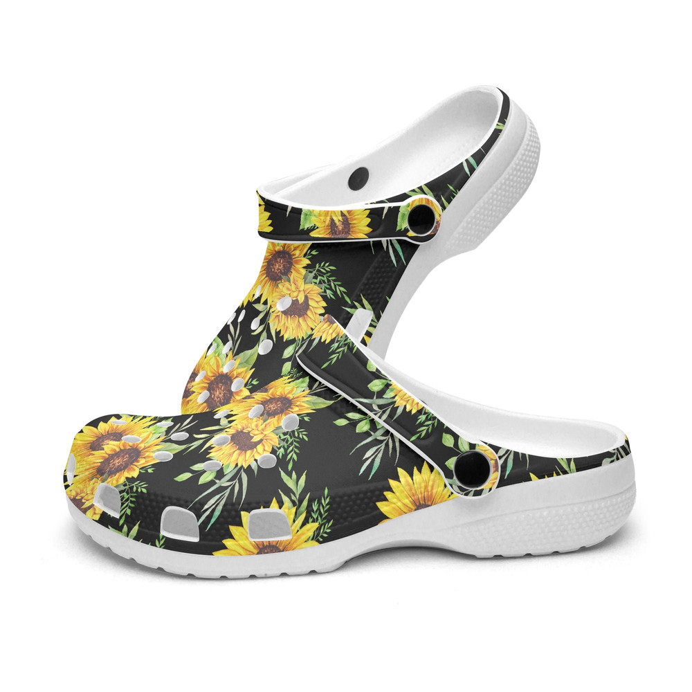 Unisex CrocClogs Floral Retro Groovy Vibes Peace Flowers Sunflowers Black Background Retro Style 1960s 1970s Far Out.jpg