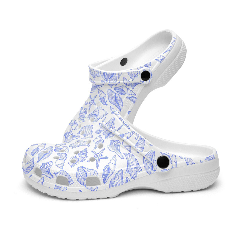 Unisex CrocClogs Sea Shells Corn Flower Blue Retro Geo 1970 Groovy Hippie Cool Natural world Nature Sea Life Fishes Shells.jpg