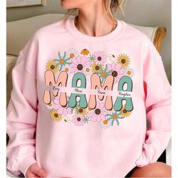 custom mama flower shirt with kids name for mom on mother's day gifts, personalized mama with children names, custom mom