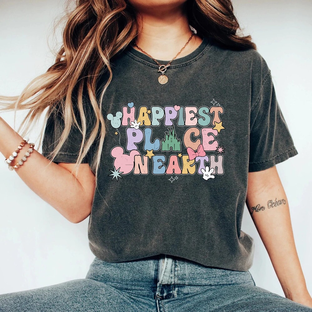 Disney Happiest Place On Earth Comfort ColorsĀ® Shirt, Colorful Vacay Shirt, Disney Aesthetic Shirt, Disneyworld Shirt, Disney Family Shirt - 2.jpg