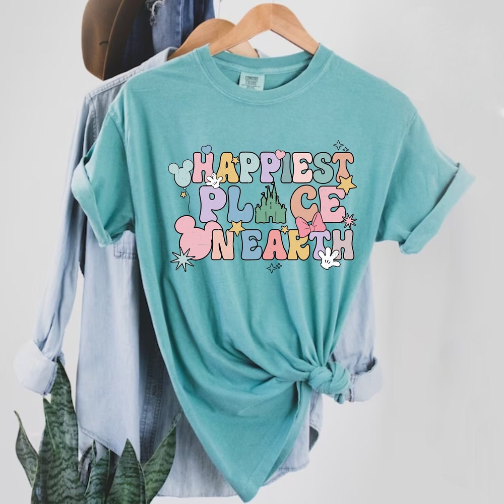 Disney Happiest Place On Earth Comfort ColorsĀ® Shirt, Colorful Vacay Shirt, Disney Aesthetic Shirt, Disneyworld Shirt, Disney Family Shirt - 4.jpg