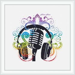 Cross stitch pattern music Headphones microphone curls rainbow voice singer recording counted crossstitch patterns
