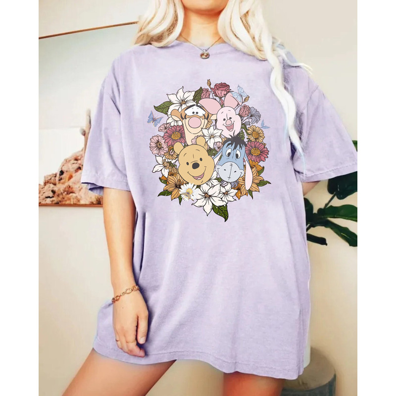 Retro Floral Winnie The Pooh Comfort ColorsĀ® Shirt, Disney Winnie The Pooh Tee, Pooh and Friends, Disney Family Vacation, Piglet, Eeyore - 4.jpg