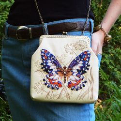 Big Butterfly Embroidery Summer/ Wedding Linen Mini Bag