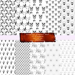 10x Seamless Skull Patterns, Witch digital papers, Halloween Journal, Black & White Digital Papers, scrapbooking
