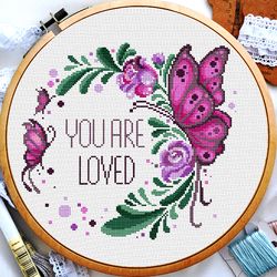 Cross stitch quote, You are loved cross stitch, Flower wreath cross stitch, Butterfly cross stitch, Beginner cross stitch, Digital PDF