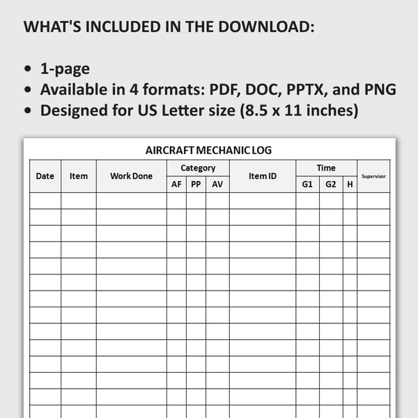 Printable Aircraft Mechanic Log, Aviation Maintenance Tracke - Inspire ...