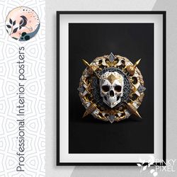 Captivating Gothic Beauty: Premium Digital Poster with White Skull, Ornate Gold Details, and Majestic White Roses