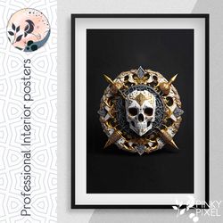 captivating gothic beauty: premium digital poster with white skull, ornate gold details, and majestic white roses
