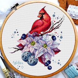 Christmas cardinal cross stitch, Birds cross stitch, Poinsettia cross stitch, Flowers cross stitch, Digital PDF