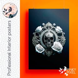 Premium Digital Poster with Terminator's Steel Skull, Elegant White Roses, and Bold Steel Ornament