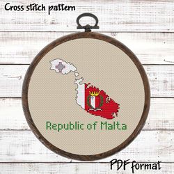 Republic of Malta Map Cross Stitch pattern modern, Malta Flag Xstitch pattern PDF, Country Cross Stitch Pattern